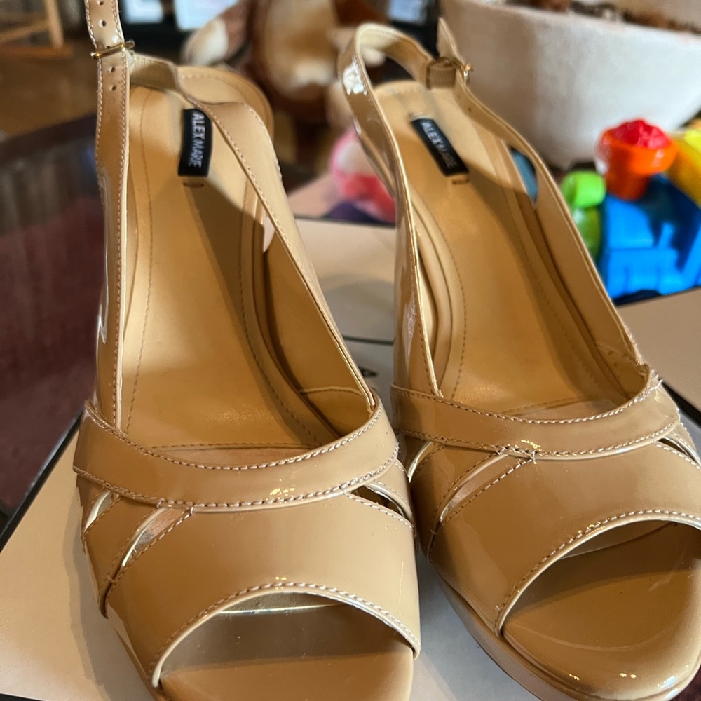Patent leather 3 in heels in three colors; black, blue and beige.